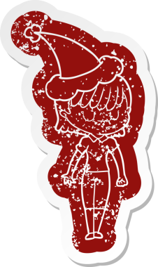 Bir insan tarafından çizilmiş Noel Baba şapkası giyen bir kadının garip bir karikatürü.