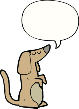Bir insan tarafından çizilmiş konuşma balonu olan çizgi film köpeği.