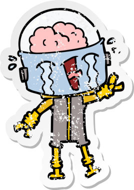 Bir insan tarafından çizilmiş, ağlayan bir robotun hüzünlü çıkartması.