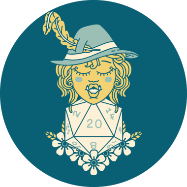 Retro Dövme Biçimi Yarı Ork Ozanı Bir insan tarafından çizilmiş 20 zar ile