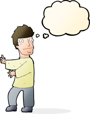 Bir insan tarafından çizilmiş düşünce baloncuğu olan sinirli bir adam.