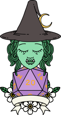 Retro Dövme Biçimi Bir insan tarafından çizilmiş doğal 20 zarlı yarı ork cadı karakteri