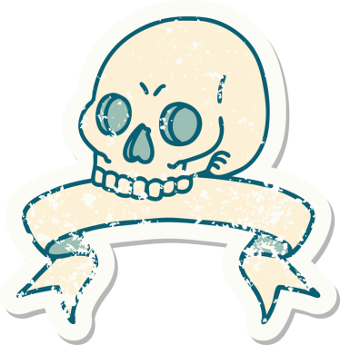 Bir insan tarafından çizilmiş kafatasının pankartıyla eski bir etiket.