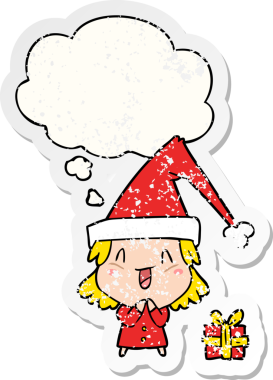 Düşünce baloncuklu Noel şapkası takan karikatür kızı bir insan tarafından çizilmiş yıpranmış bir çıkartma gibi.