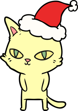 Parlak gözlü bir kedinin çizdiği el çizimi Noel Baba şapkası giyen bir insan tarafından çizilmiş.