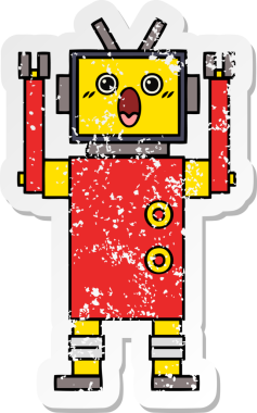 Bir insan tarafından çizilmiş sevimli bir robot çizgi film çıkartması.