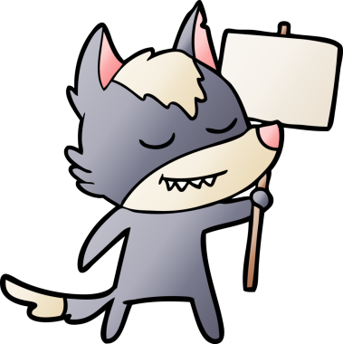 Bir insan tarafından çizilmiş boş tabelalı, dost canlısı bir kurt.