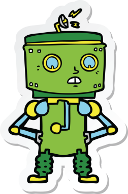 Bir insan tarafından çizilmiş kalça üzerinde elleri olan çizgi film robotunun çıkartması.