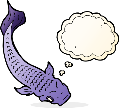 Bir insan tarafından çizilmiş düşünce baloncuklu çizgi film balığı.