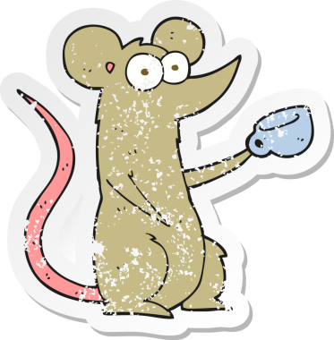 Bir insan tarafından çizilmiş kahve fincanı olan çizgi film faresinin gerilimli retro yapıştırması.