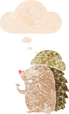 Düşünce baloncuklu şapkalı çizgi film kirpisi. Grunge 'da sıkıntılı eski moda bir insan tarafından çizilmiş.