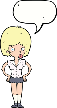 Bir insan tarafından çizilmiş konuşma balonlu elleri olan çizgi film kadını.