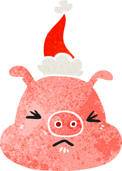 Bir insan tarafından çizilmiş Noel Baba şapkası takan kızgın domuz suratlı eski bir çizgi film.