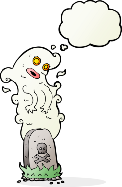 Bir insan tarafından çizilmiş düşünce baloncuğuyla mezardan yükselen karikatür hayaleti