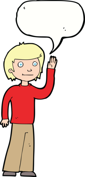 Bir insan tarafından çizilmiş konuşma baloncuğuyla el sallayan çizgi film dostu çocuk.