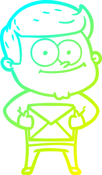 Bir çizgi film çizen soğuk gradyalı mutlu adam elinde bir insan tarafından çizilmiş bir mektup tutuyor.