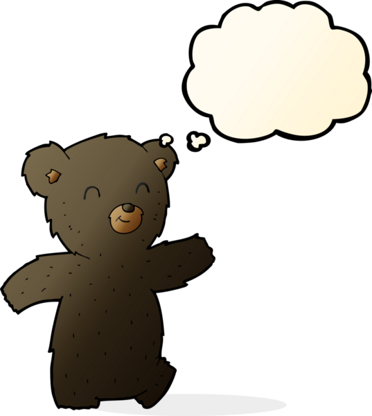 Bir insan tarafından çizilmiş düşünce baloncuğu olan sevimli çizgi film kara ayısı.