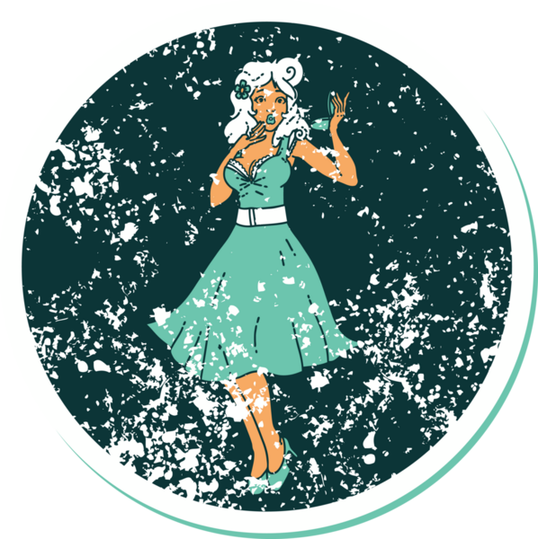 İkonik sıkıntılı dövme stili. Bir insan tarafından çizilmiş, şaşırtılmış bir kız resmi.