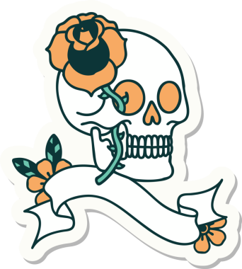 Bir insan tarafından çizilmiş kafatası ve gül şeklinde dövme stili.