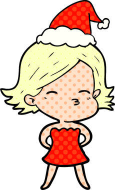 Bir insan tarafından çizilmiş Noel Baba şapkası giyen bir kadının el çizimi çizgi roman tarzı çizimi.