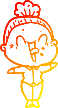 Bir insan tarafından çizilmiş mutlu, yaşlı bir kadının sıcak çizgi çizimi.