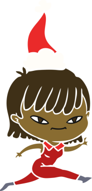 Bir insan tarafından çizilmiş Noel Baba şapkası takan bir kadının düz renkli çizimi.