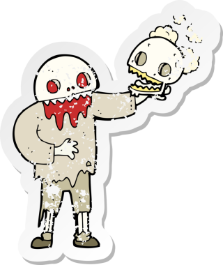 Bir insan tarafından çizilmiş kafatasını tutan zombi çizgi filminin gerilimli yapıştırması.