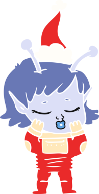 Bir insan tarafından çizilmiş Noel Baba şapkası giyen uzaylı bir kızın el resmi.