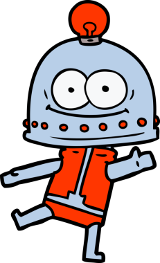 Bir insan tarafından çizilmiş ampullü mutlu karton robot.