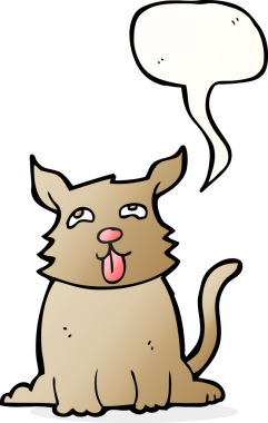 bir insan tarafından çizilmiş konuşma balonlu mutlu bir köpek.