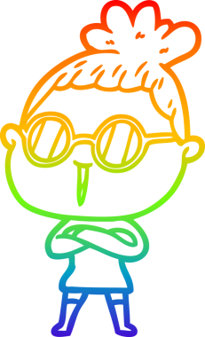 Bir insan tarafından çizilmiş gözlük takan bir karikatür kadının çizimi.