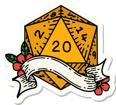 Bir insan tarafından çizilmiş 20 D20 zarının çıkartması.