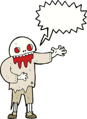 Bir insan tarafından çizilmiş konuşma balonu olan garip bir zombi çizgi filmi.