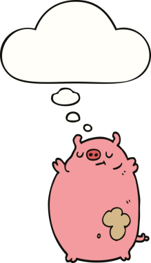 Bir insan tarafından çizilmiş düşünce baloncuklu şişman domuz.