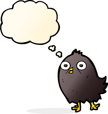 Bir insan tarafından çizilmiş düşünce baloncuklu komik çizgi film kuşu.