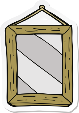 Bir insan tarafından çizilmiş bir karikatür aynasının etiketi.