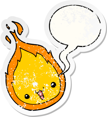 Konuşma baloncuğu olan sevimli çizgi film alevi bir insan tarafından çizilmiş sıkıntılı eski bir çıkartma