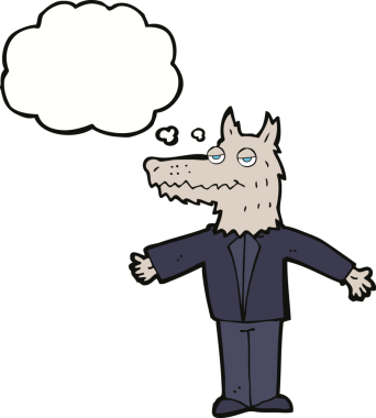 Bir insan tarafından çizilmiş düşünce balonlu bir kurt.