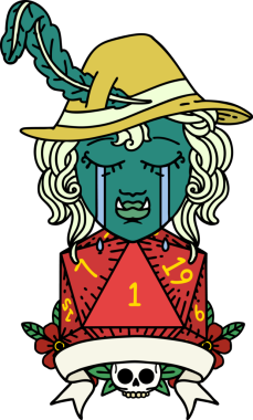 Retro Dövme Tarzı Ağlayan Ork Ozan Karakteri Bir insan tarafından çizilmiş doğal bir D20 rulo