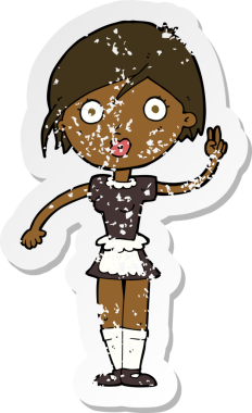 Bir insan tarafından çizilmiş el hareketi yapan çizgi film garsonunun gerilimli retro çıkartması.