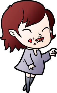 Bir insan tarafından çizilmiş yanağında kan olan vampir kız çizgi filmi.