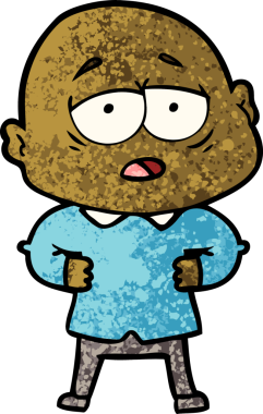 Bir insan tarafından çizilmiş yorgun, kel bir adam.