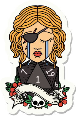 Ağlayan bir insan hırsızının çıkartması. Bir insan tarafından çizilmiş doğal bir D20 rulosu.