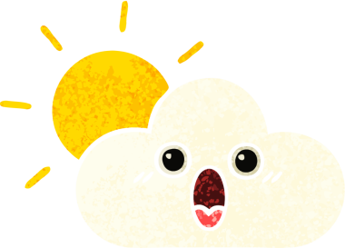 Bir insan tarafından çizilmiş güneş ve bulutun retro çizim tarzı karikatürü