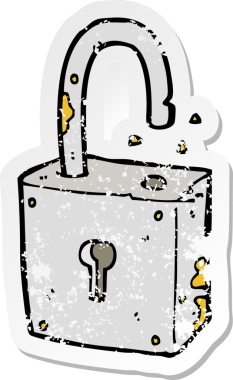 Bir insan tarafından çizilmiş paslı eski bir asma kilidin retro depresif çıkartması