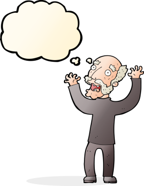Karikatür, bir insan tarafından çizilmiş düşünce balonlu yaşlı adamı dehşete düşürdü.