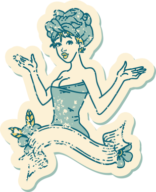 Geleneksel bir stil olan, havluyla pankart çizmiş, insan dövmeli bir kız dövmesi.