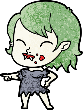 Bir insan tarafından çizilmiş yanağında kan olan vampir kız çizgi filmi.