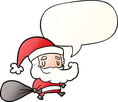 Çizgi film Noel Baba bir insan tarafından çizilmiş konuşma baloncuğuyla hediyeler taşıyor.