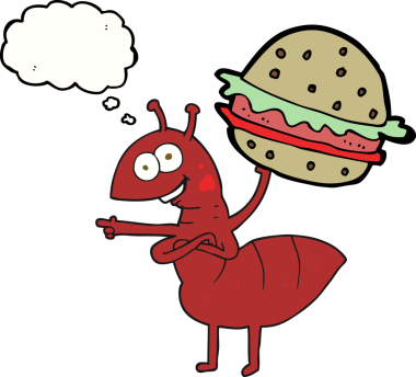 Serbest çizim düşünce baloncuklu karınca insan tarafından çizilmiş yiyecekleri taşıyor.